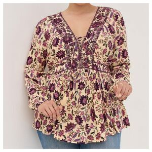 Torrid Babydoll Rayon Crepe Embroidered Lace-Up Top